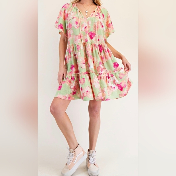 Easel Floral Knit Popcorn Tiered Dress #496-501 - Picture 4 of 12